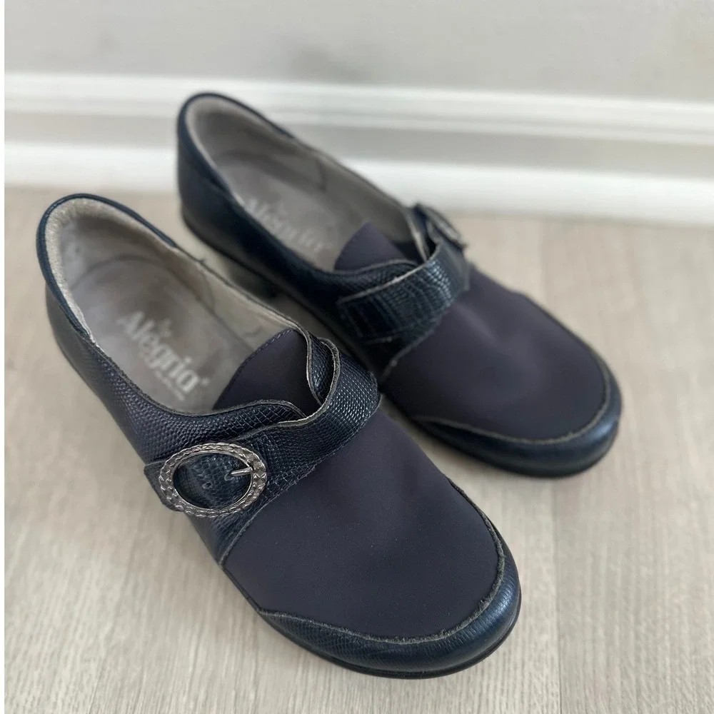 Alegria Khloe Mary‎ Jane Comfort Shoes Women 37 Navy Blue Leather Lizard Buckle